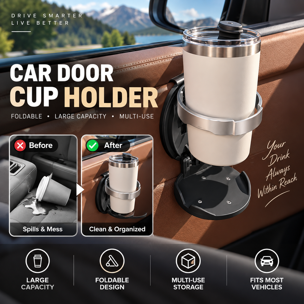 DoorDock car door cup holder before and after