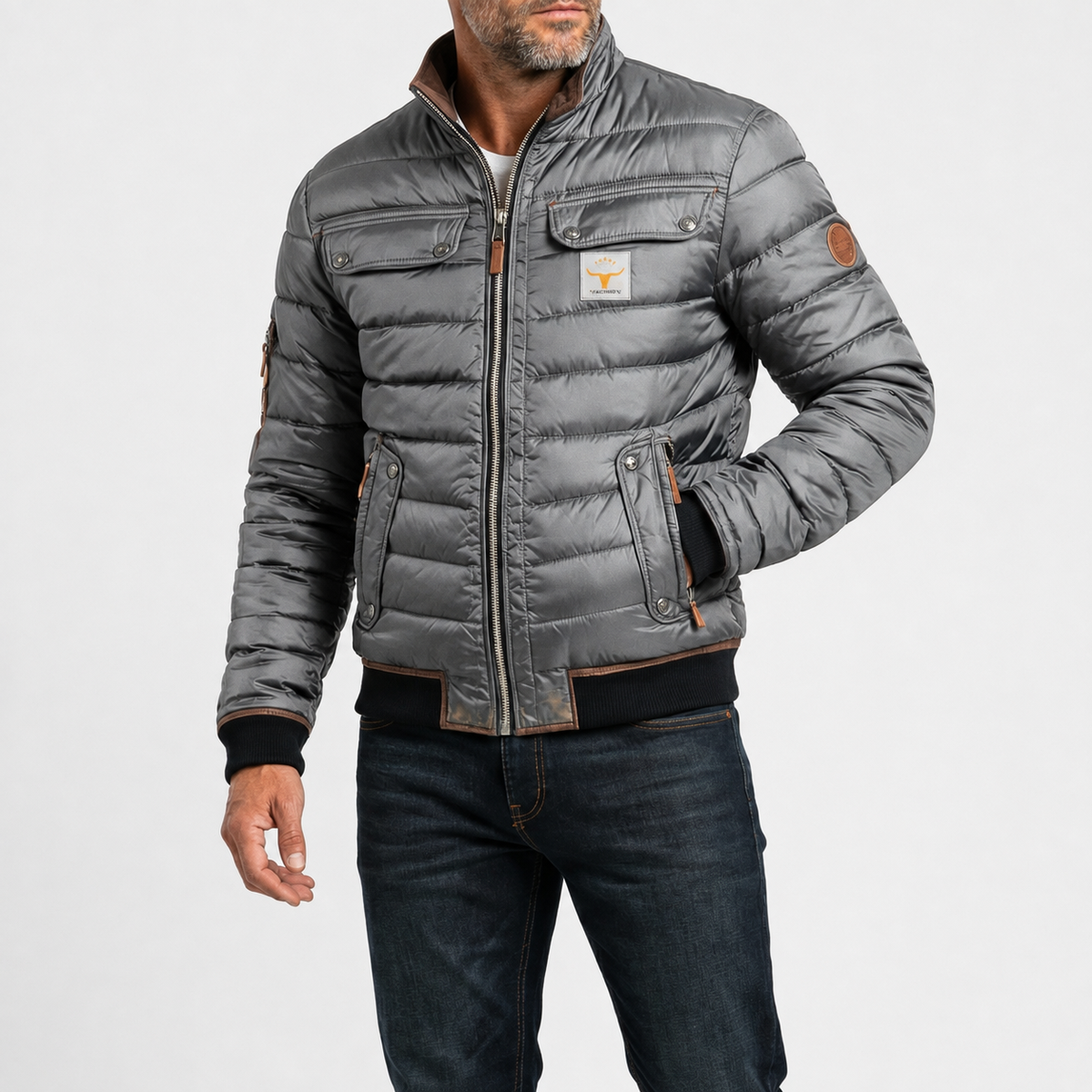 Grey Ridgeway mid-season jacket worn with dark jeans