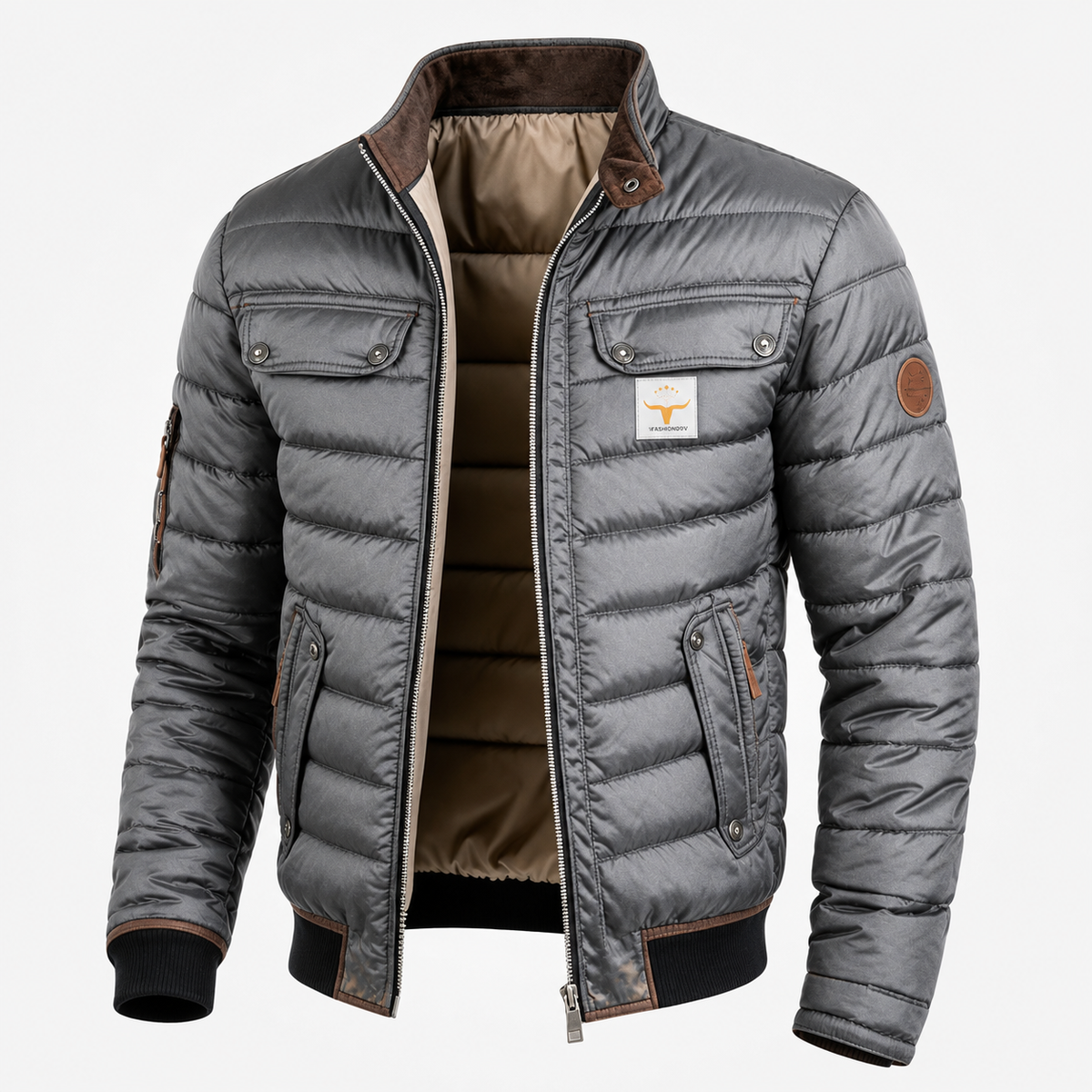 Grey Ridgeway jacket shown open with the quilted lining and stand collar