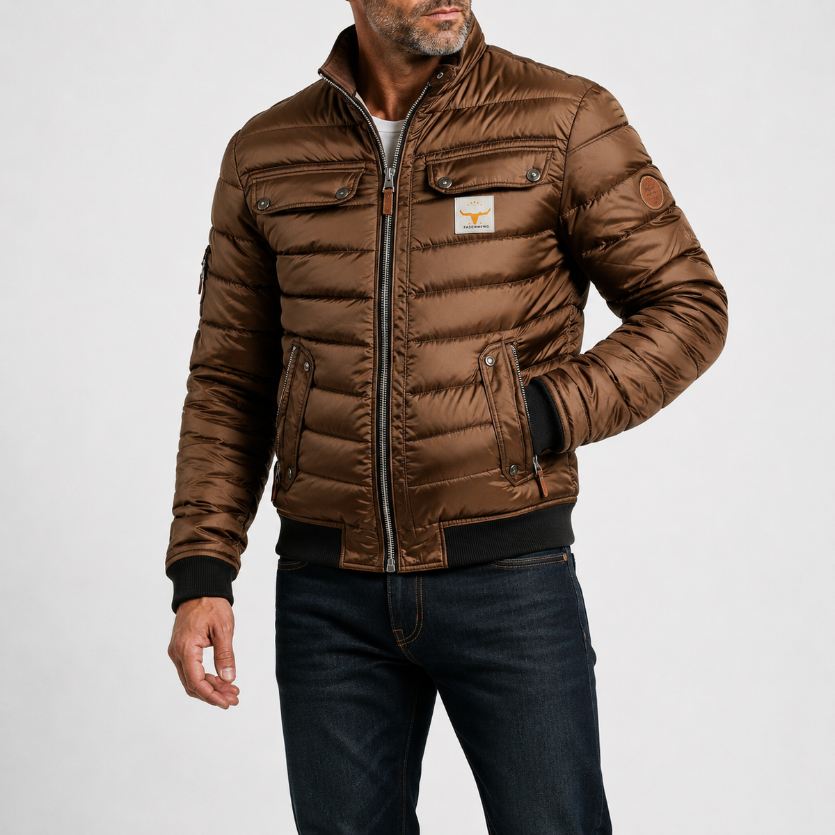 Brown Ridgeway mid-season jacket worn with dark jeans