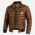 Brown Ridgeway jacket shown open with the quilted lining and stand collar