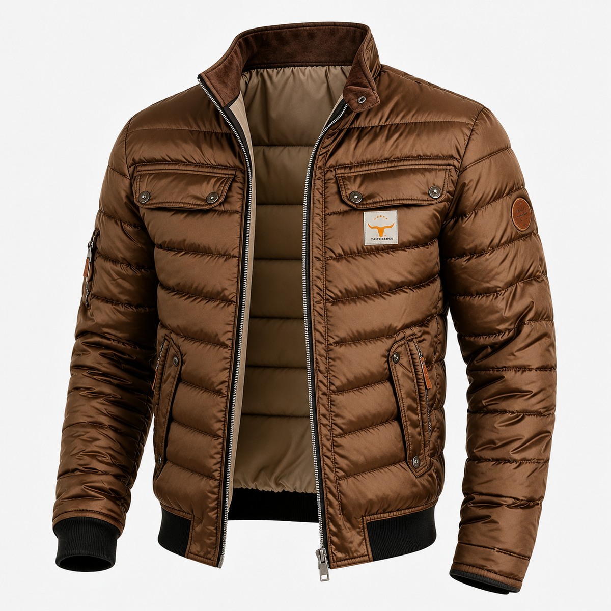 Brown Ridgeway jacket shown open with the quilted lining and stand collar