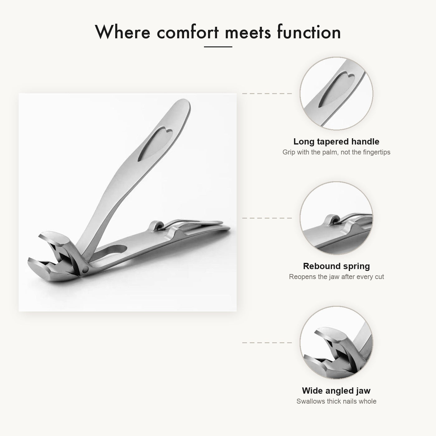 Where comfort meets function: long tapered handle, rebound spring, wide angled jaw