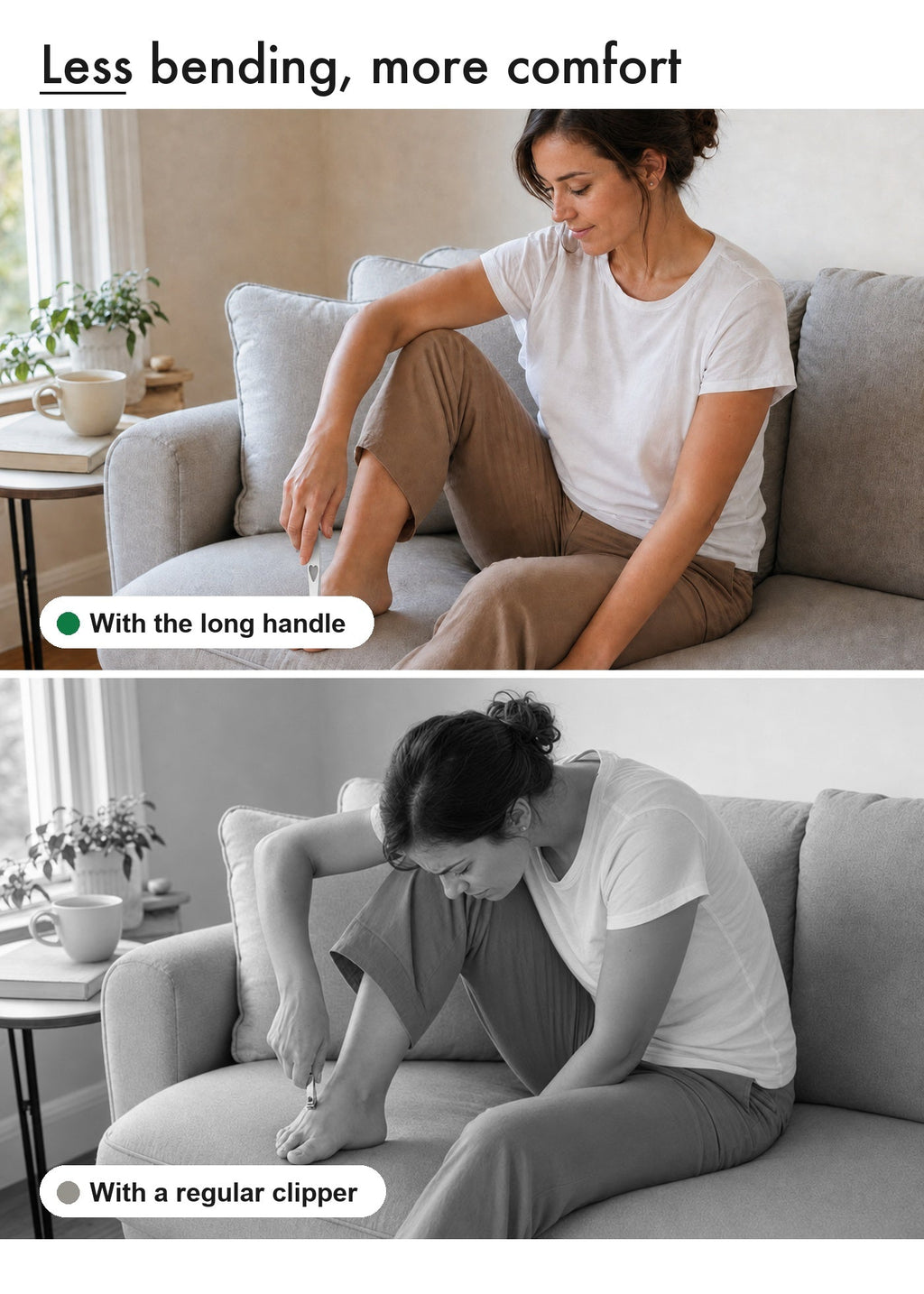 Less bending, more comfort: the same woman sitting upright using the long reach clipper, and hunched forward using an ordinary clipper