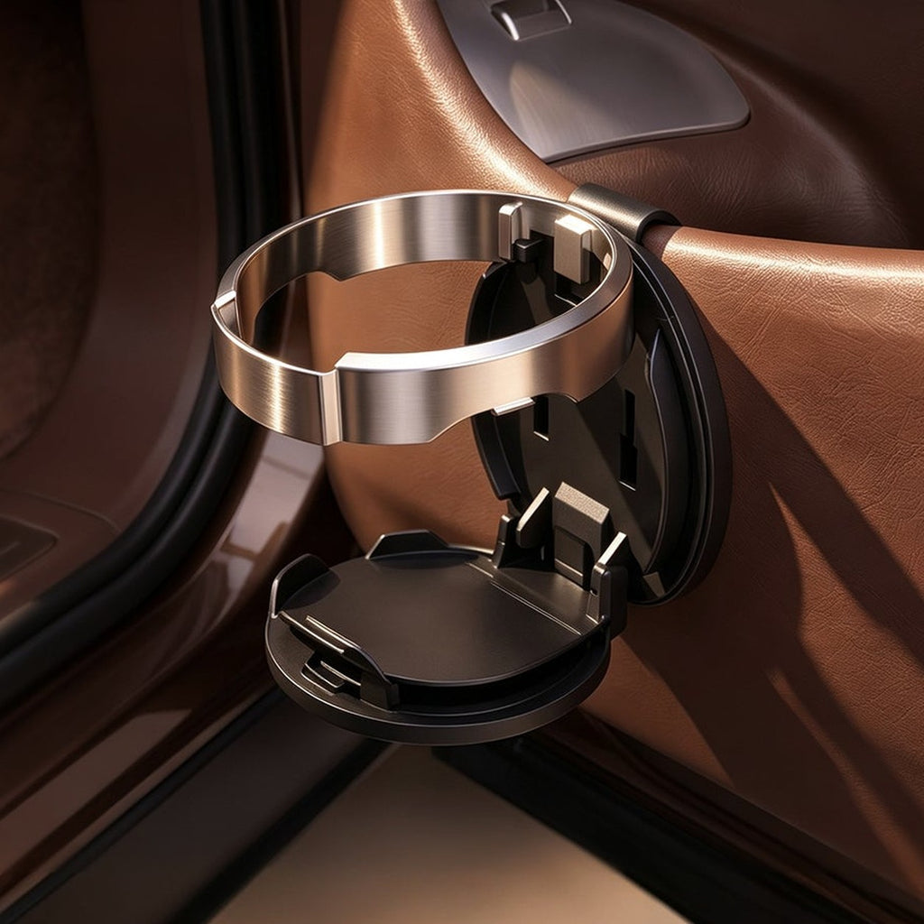 DoorDock folding cup holder clipped on the car door