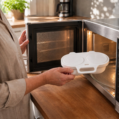 Holding the closed EggQuick beside an open microwave