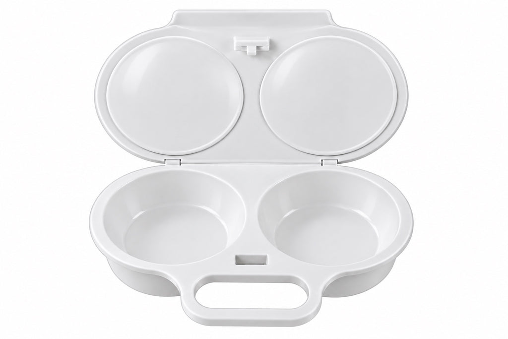 EggQuick dual microwave egg cooker open in white