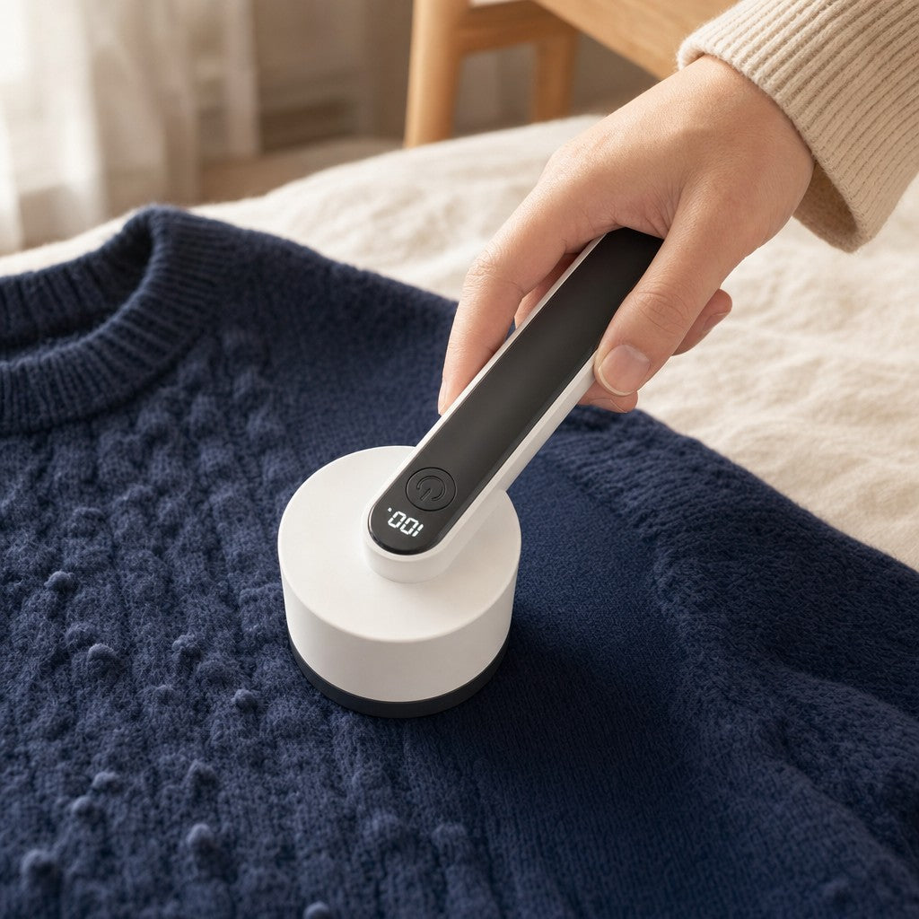 Gripping the lint shaver from above and pressing the head flat onto a navy sweater