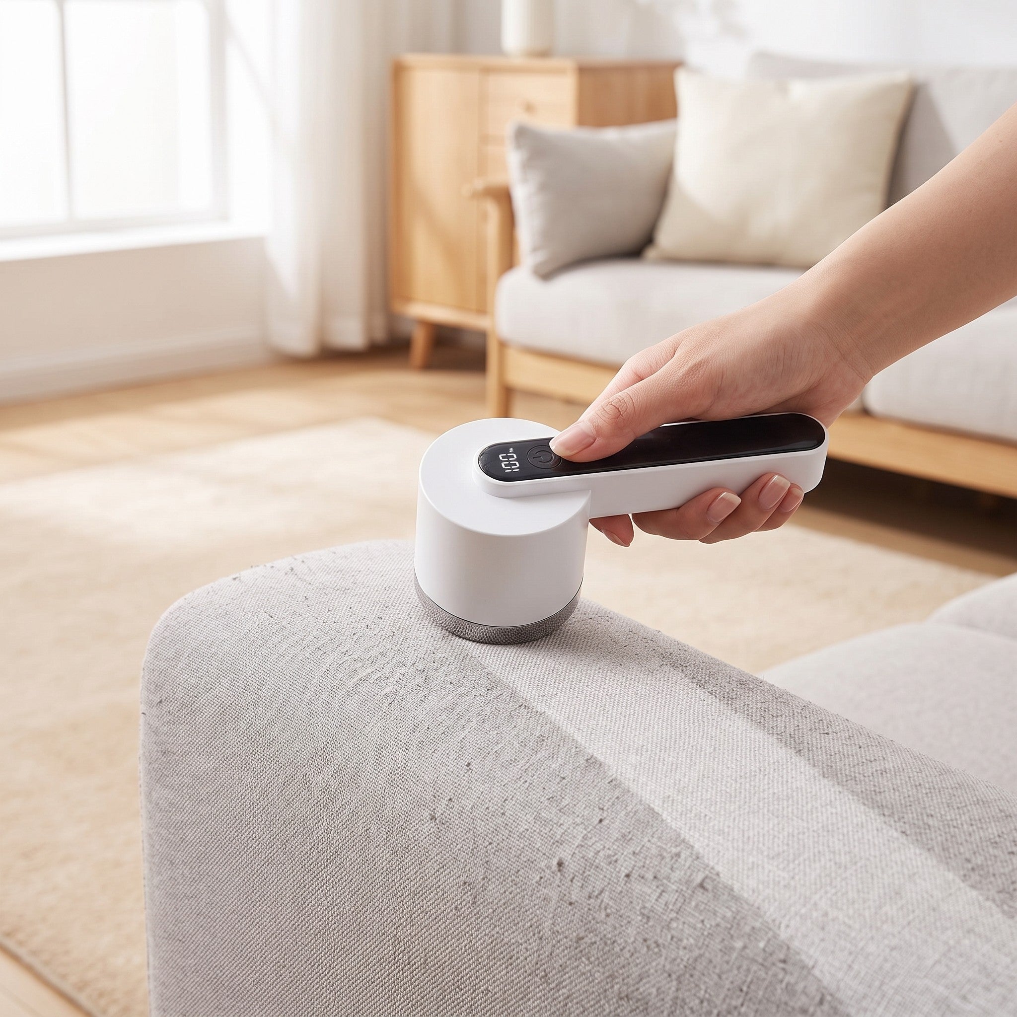 Running the digital lint shaver along the armrest of a grey fabric sofa