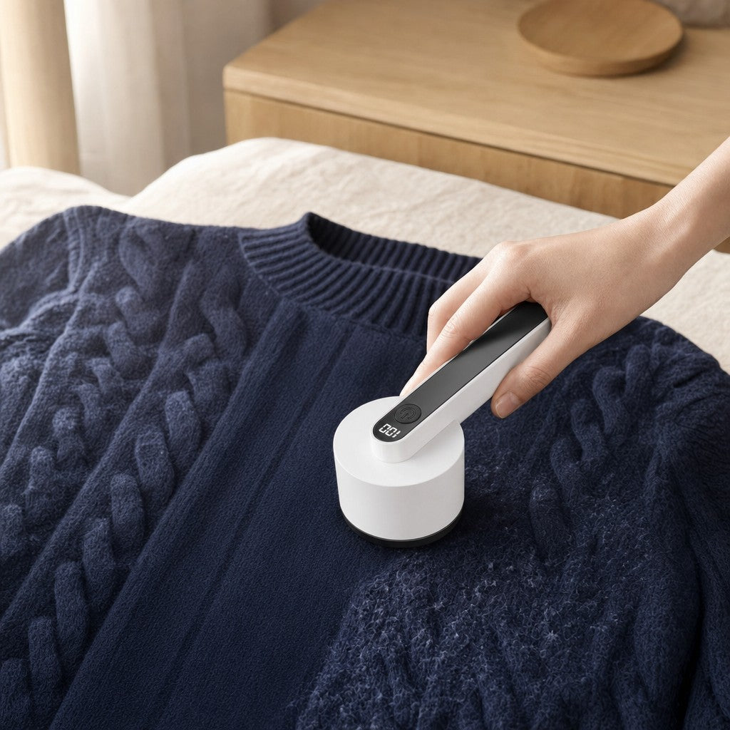 Using the digital lint shaver on a navy knitted sweater, the head pressed flat to the wool