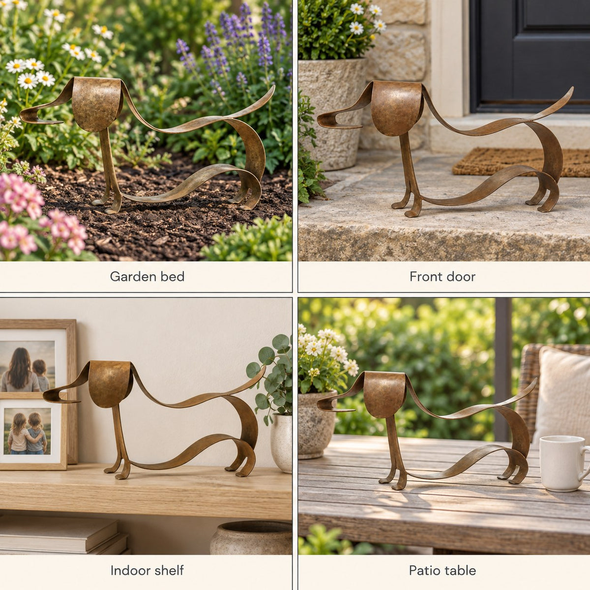 LoyalPaw in a garden bed, by the front door, on a shelf and on a patio table
