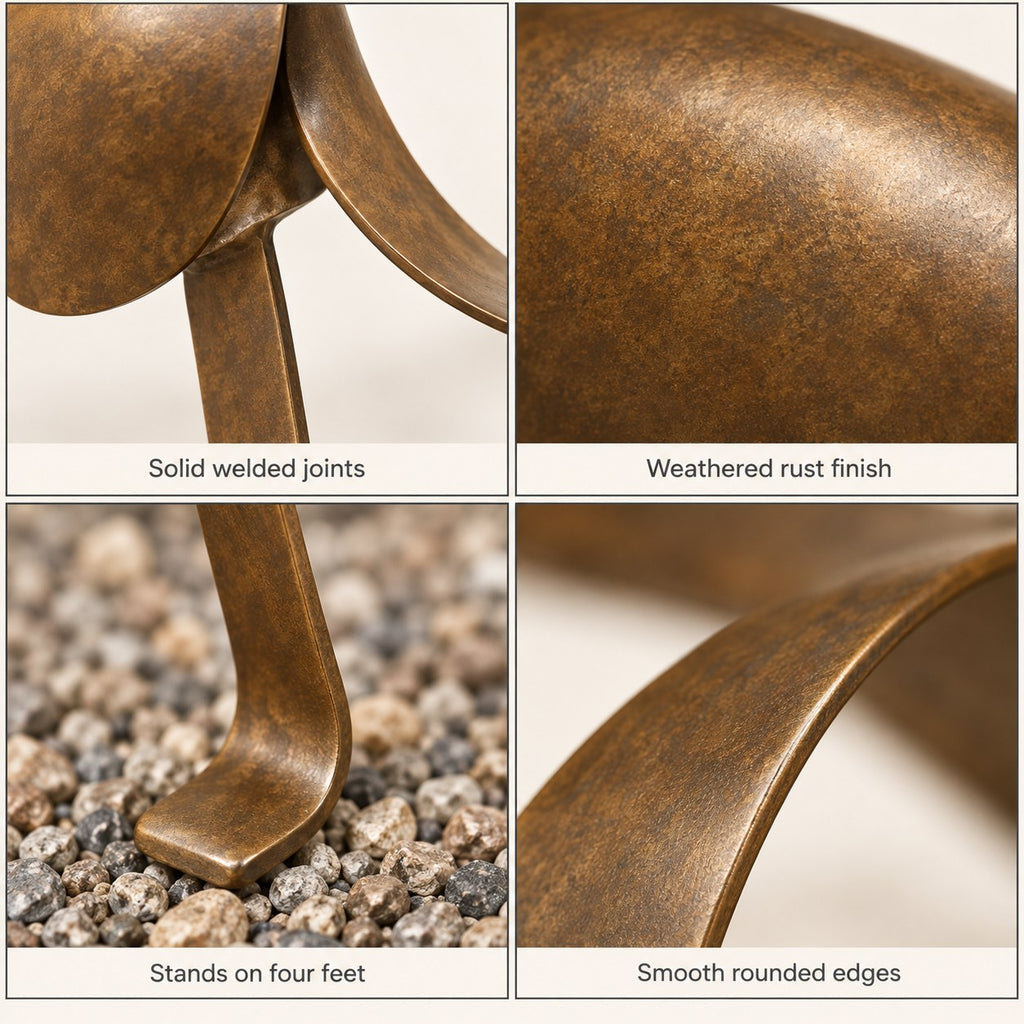 Close ups of the welded joints, rust finish, feet and rounded edges
