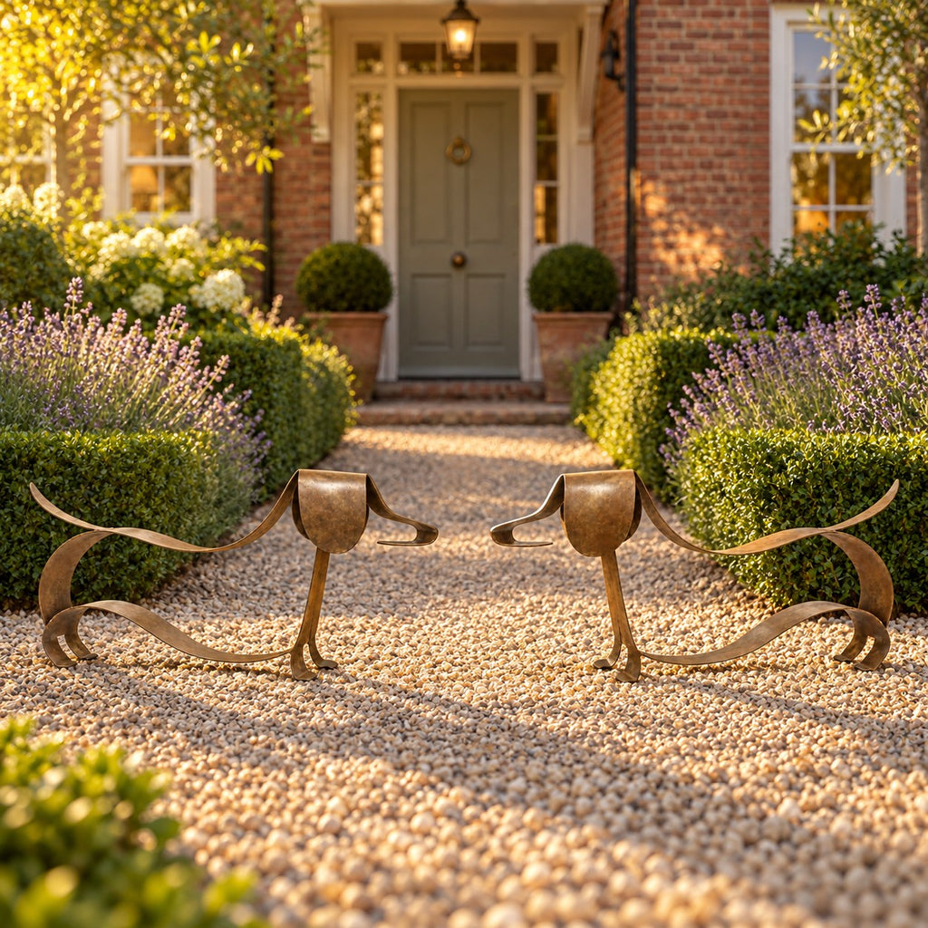 A pair of LoyalPaw sculptures either side of a garden path