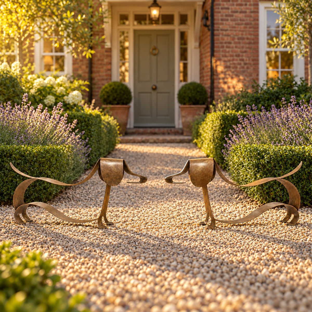 A pair of LoyalPaw sculptures either side of a garden path
