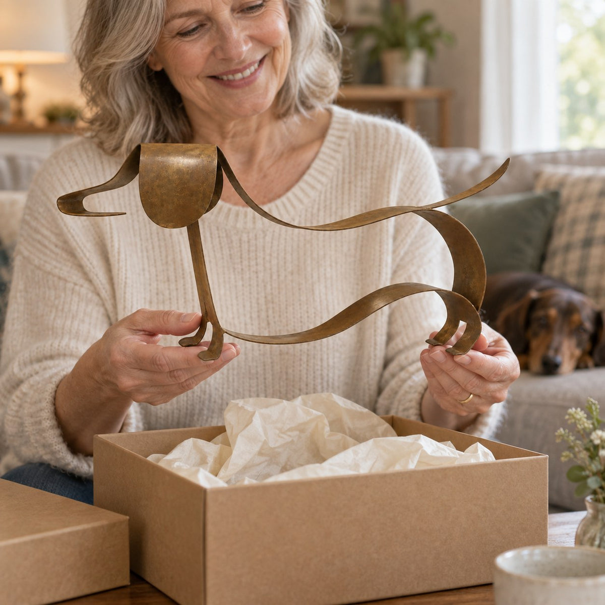 Woman unwrapping a LoyalPaw dachshund sculpture as a gift