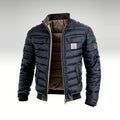 Navy Ridgeway jacket shown open with the quilted lining and stand collar