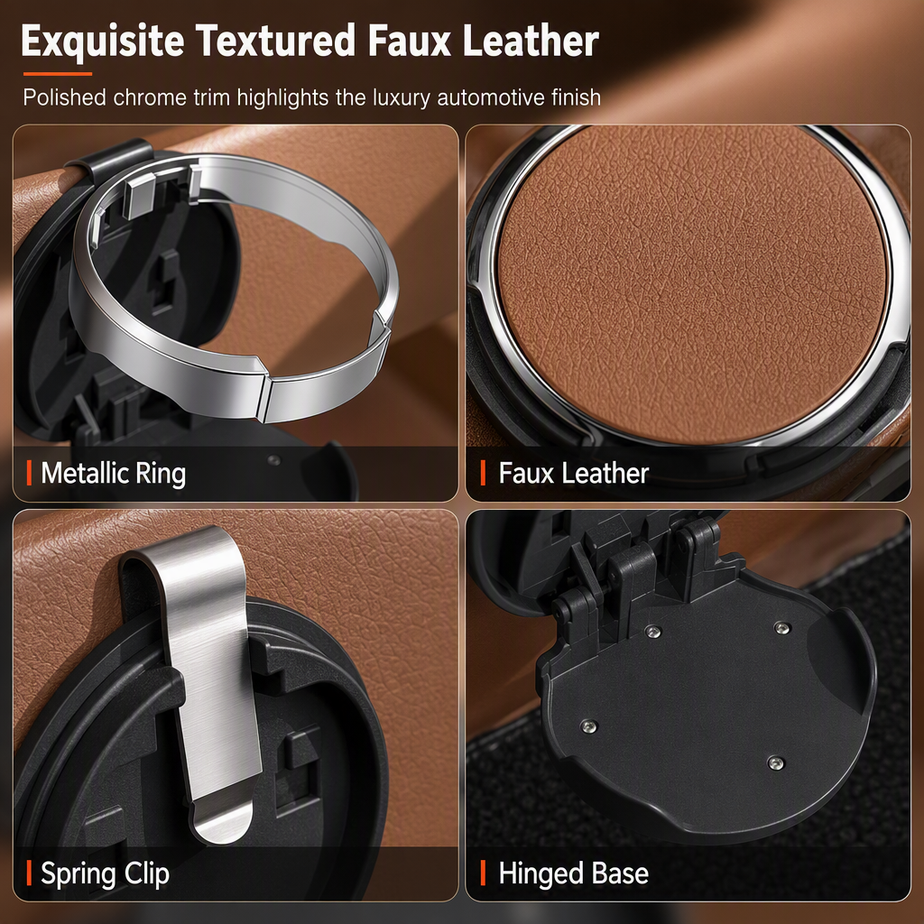 Faux leather, metal ring, spring clip and hinged base