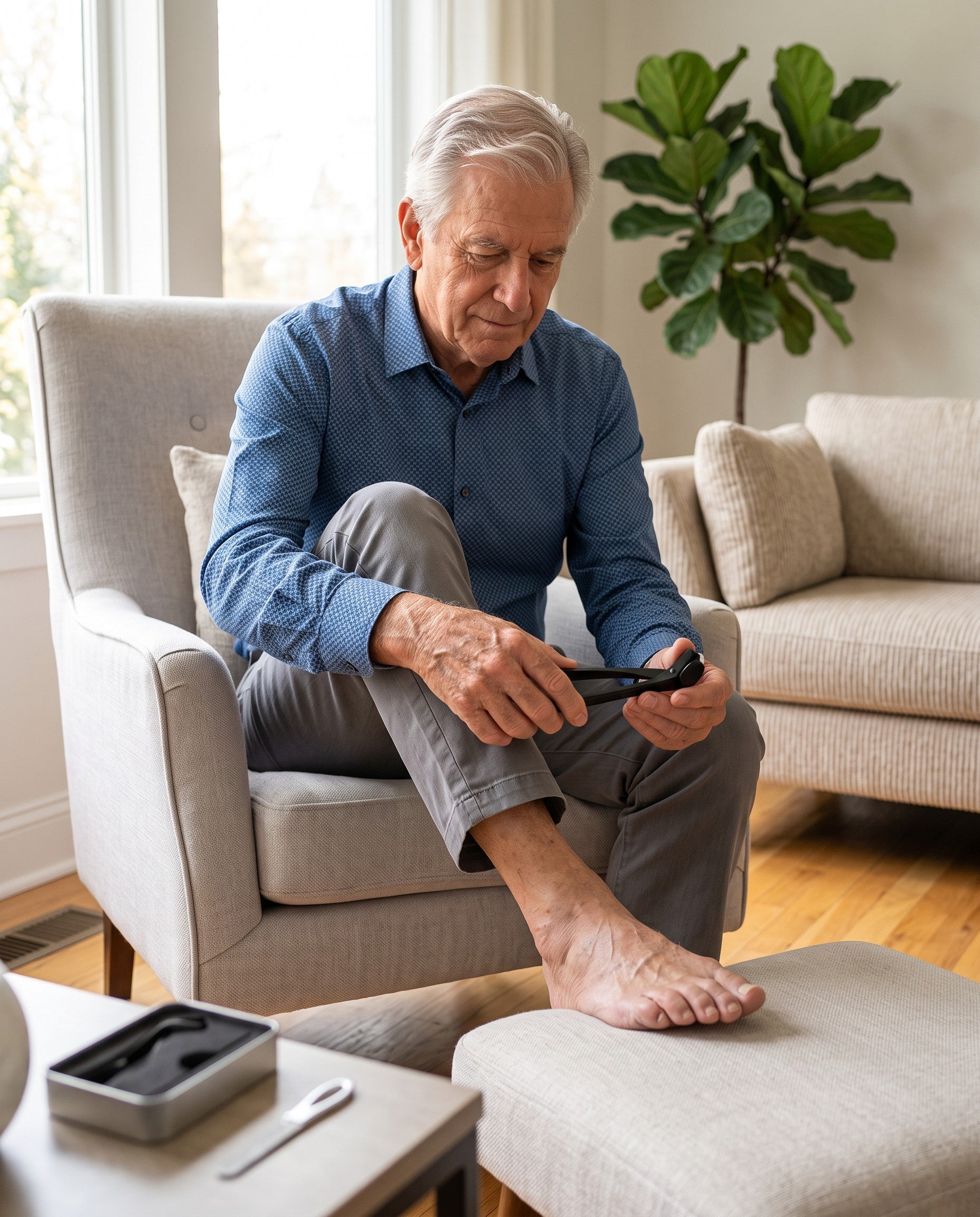 An older man trimming his toenails while seated, the clipper kit open on the table