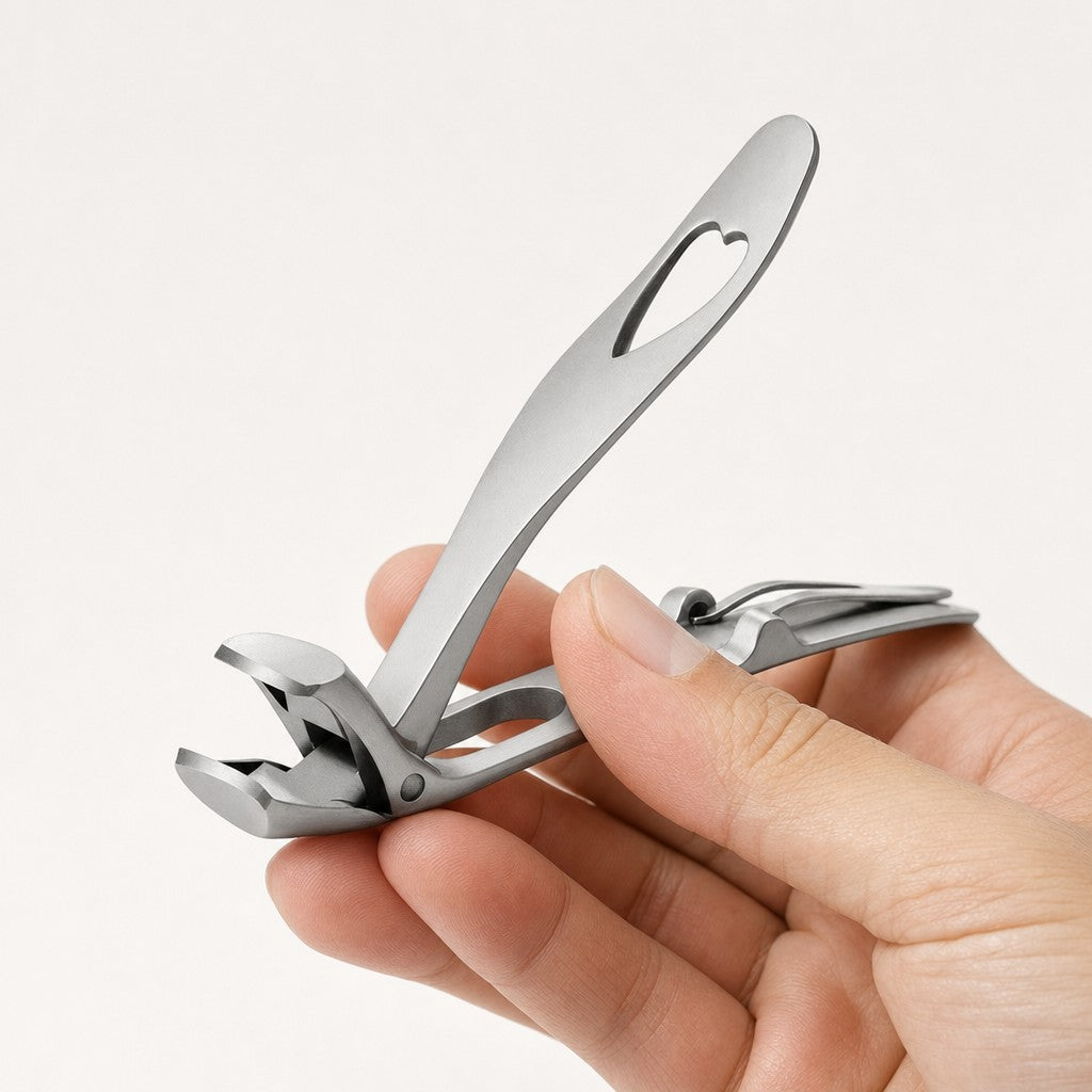 The long reach toenail clipper held in a hand, jaws open, against a plain background